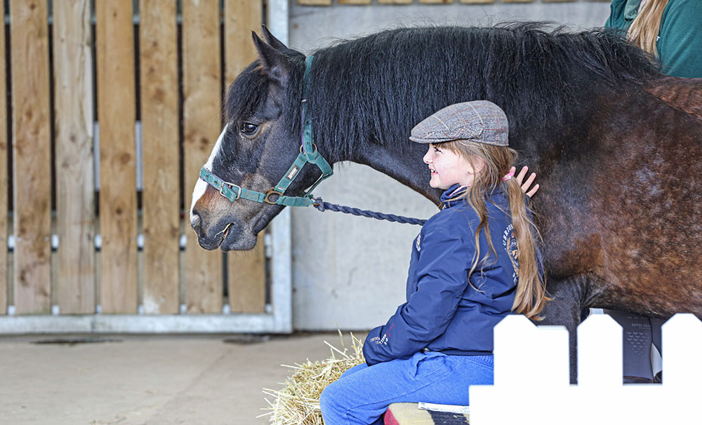 Child petting a pony at Lavant Equestrian Open Day